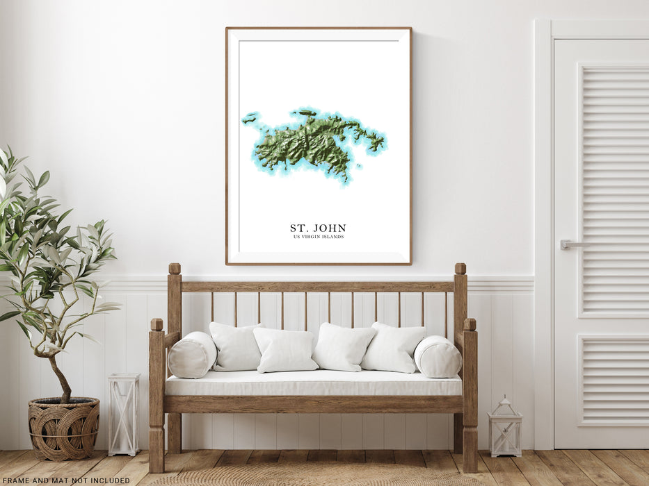 St. John, US Virgin Islands map print poster with a watercolour style design, main island roads and topographic landscape features by Maps As Art.