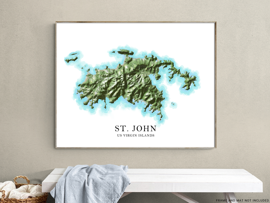 St. John, US Virgin Islands map print poster with a watercolour style design, main island roads and topographic landscape features by Maps As Art.