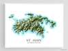 St. John, US Virgin Islands map print poster with a watercolour style design, main island roads and topographic landscape features by Maps As Art.