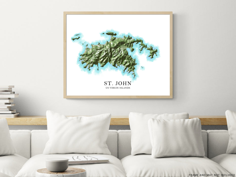 St. John, US Virgin Islands map print poster with a watercolour style design, main island roads and topographic landscape features by Maps As Art.