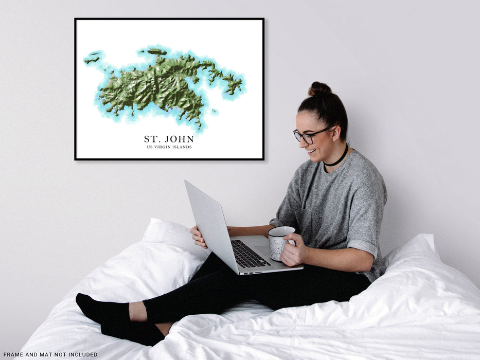 St. John, US Virgin Islands map print poster with a watercolour style design, main island roads and topographic landscape features by Maps As Art.