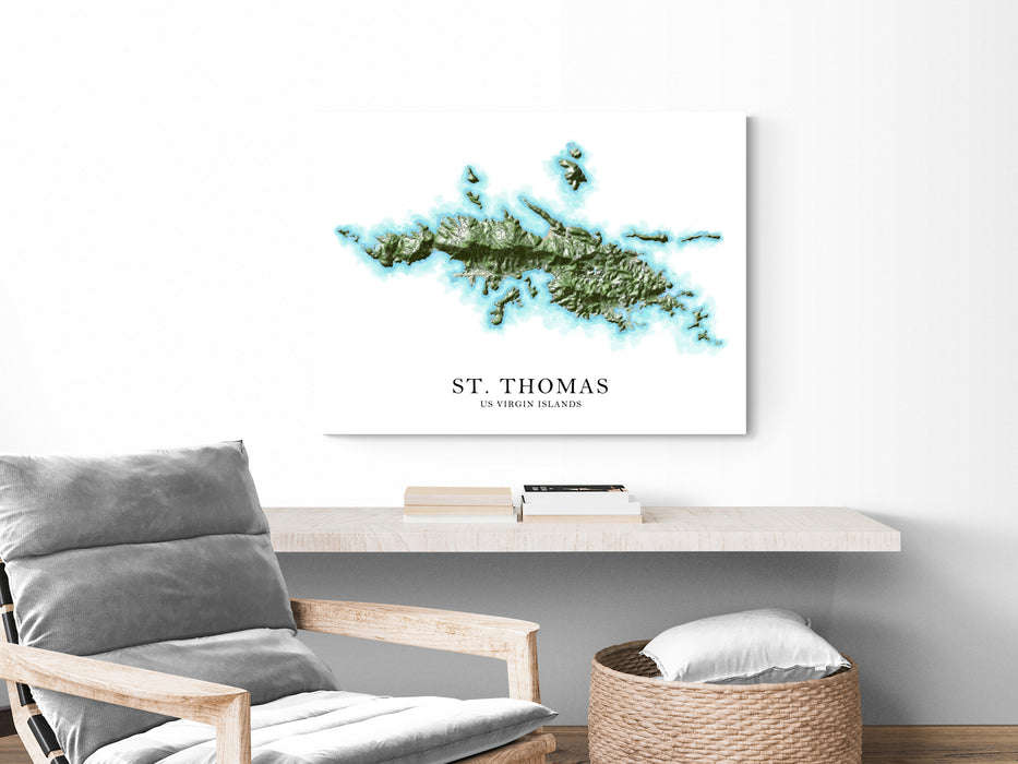 St. Thomas, US Virgin Islands map print poster with a watercolour style design, main island roads and topographic landscape features by Maps As Art.