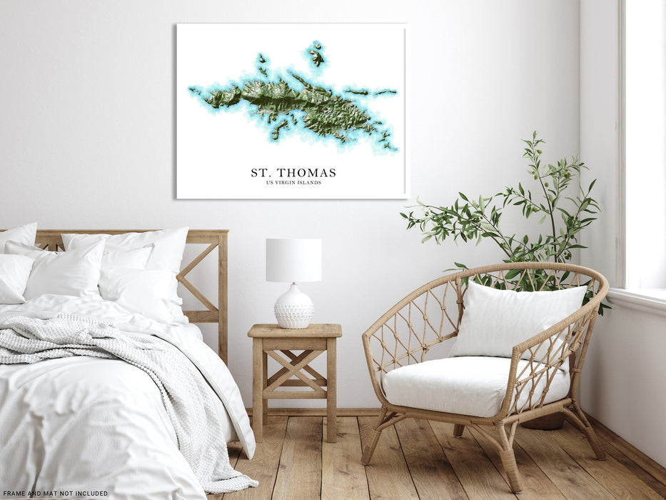 St. Thomas, US Virgin Islands map print poster with a watercolour style design, main island roads and topographic landscape features by Maps As Art.