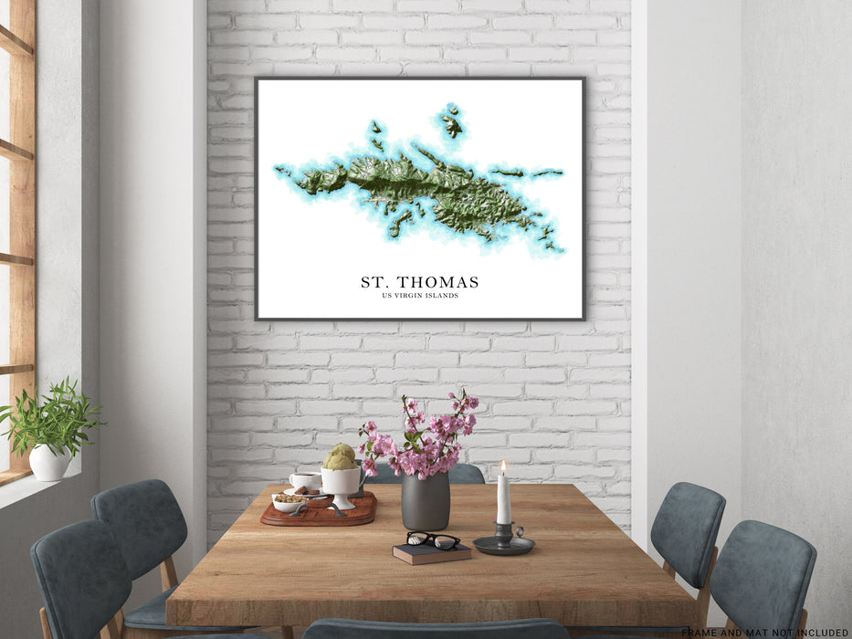 St. Thomas, US Virgin Islands map print poster with a watercolour style design, main island roads and topographic landscape features by Maps As Art.