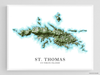 St. Thomas, US Virgin Islands map print poster with a watercolour style design, main island roads and topographic landscape features by Maps As Art.