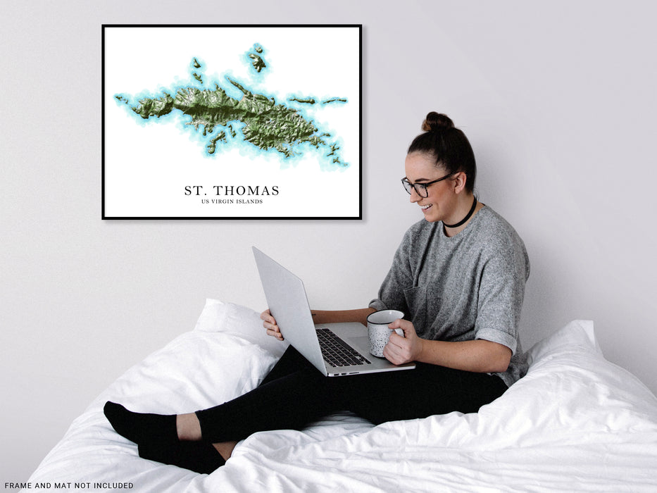 St. Thomas, US Virgin Islands map print poster with a watercolour style design, main island roads and topographic landscape features by Maps As Art.