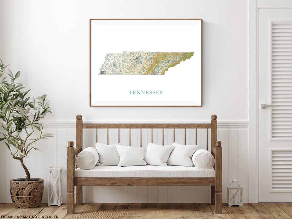 Tennessee State Map Print Poster, Topographic Landscape Art TN Road Maps for Room Wall Decor