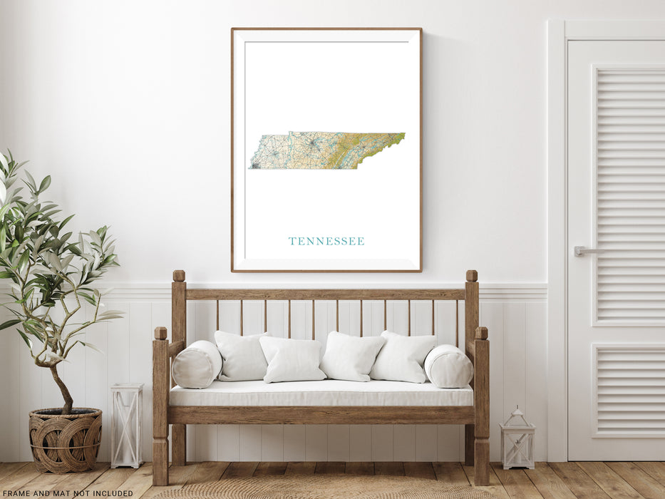 Tennessee State Map Print Poster, Topographic Landscape Art TN Road Maps for Room Wall Decor