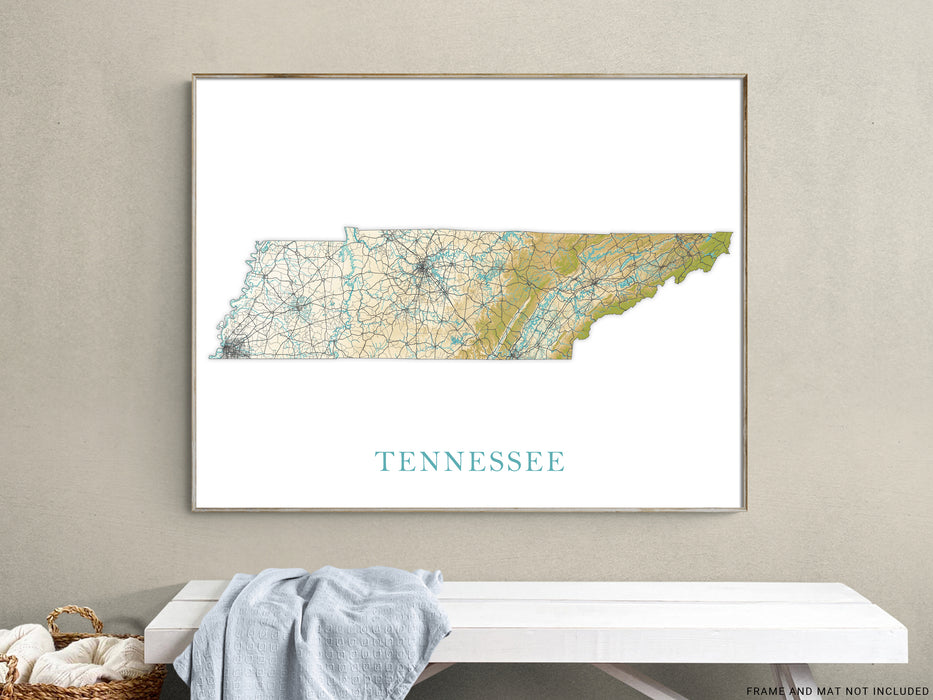 Tennessee State Map Print Poster, Topographic Landscape Art TN Road Maps for Room Wall Decor