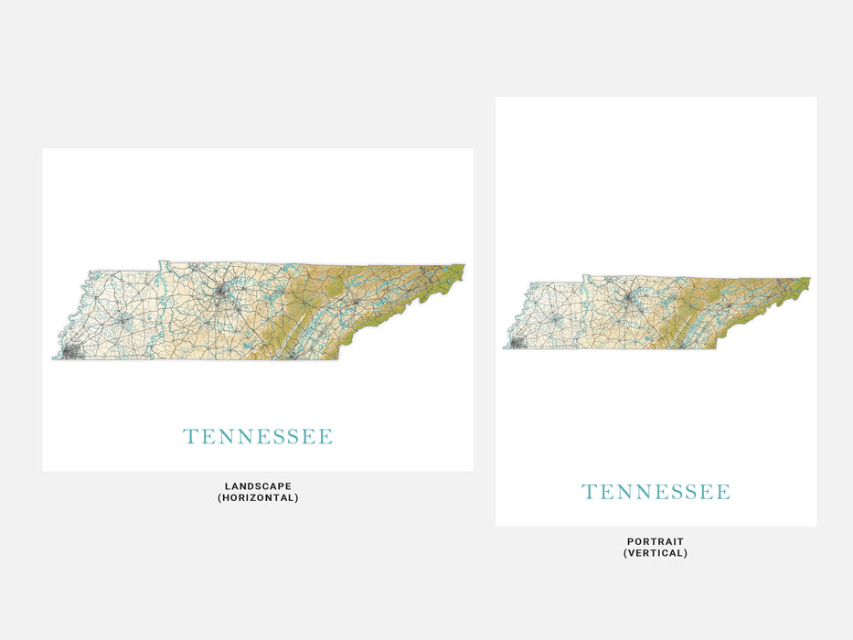 Tennessee State Map Print Poster, Topographic Landscape Art TN Road Maps for Room Wall Decor