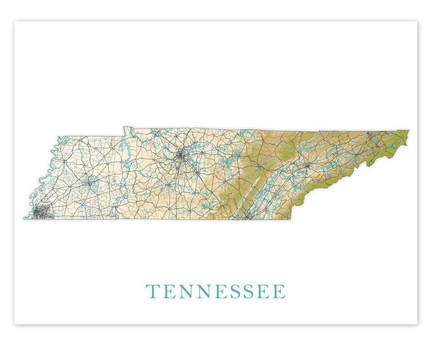 Tennessee State Map Print Poster, Topographic Landscape Art TN Road Maps for Room Wall Decor