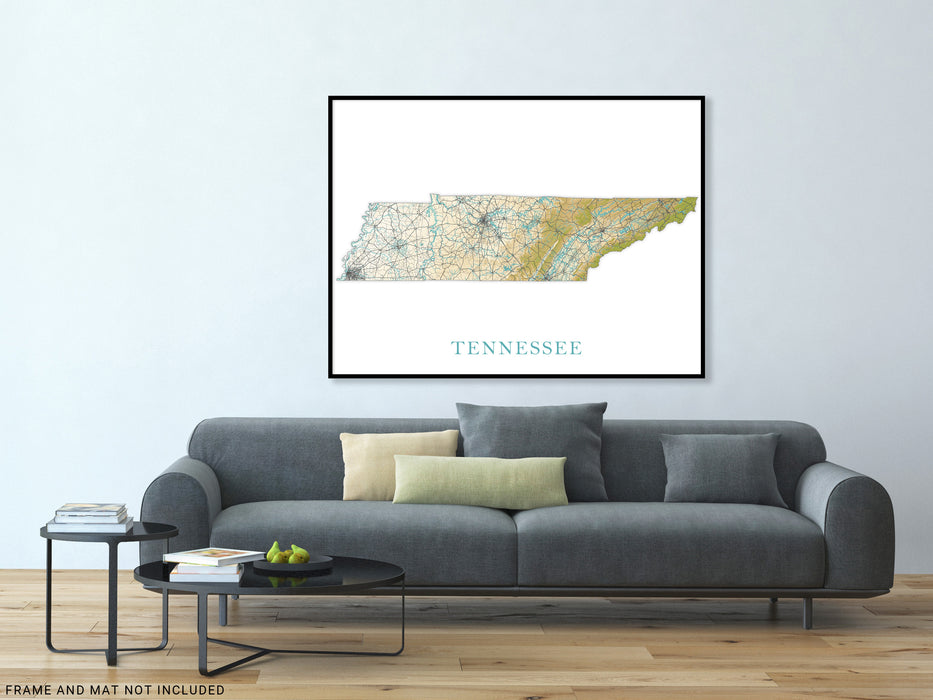 Tennessee State Map Print Poster, Topographic Landscape Art TN Road Maps for Room Wall Decor