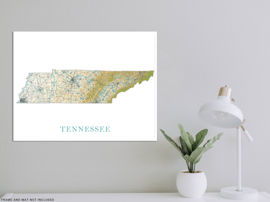 Tennessee State Map Print Poster, Topographic Landscape Art TN Road Maps for Room Wall Decor