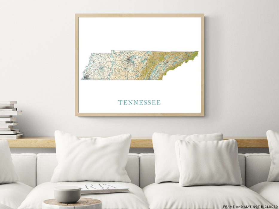 Tennessee State Map Print Poster, Topographic Landscape Art TN Road Maps for Room Wall Decor