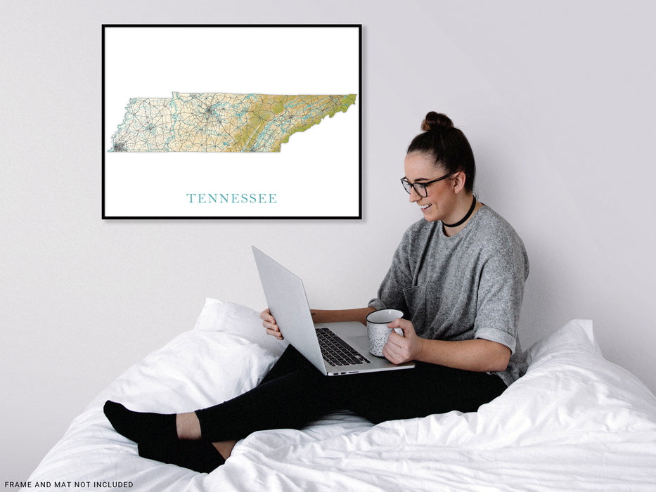 Tennessee State Map Print Poster, Topographic Landscape Art TN Road Maps for Room Wall Decor