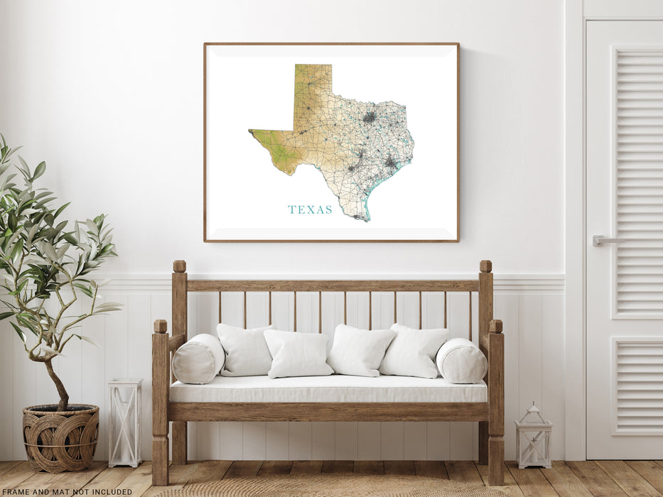 Texas State Wall Art Map Print Poster, Topographic Terrain Landscape TX Road Maps