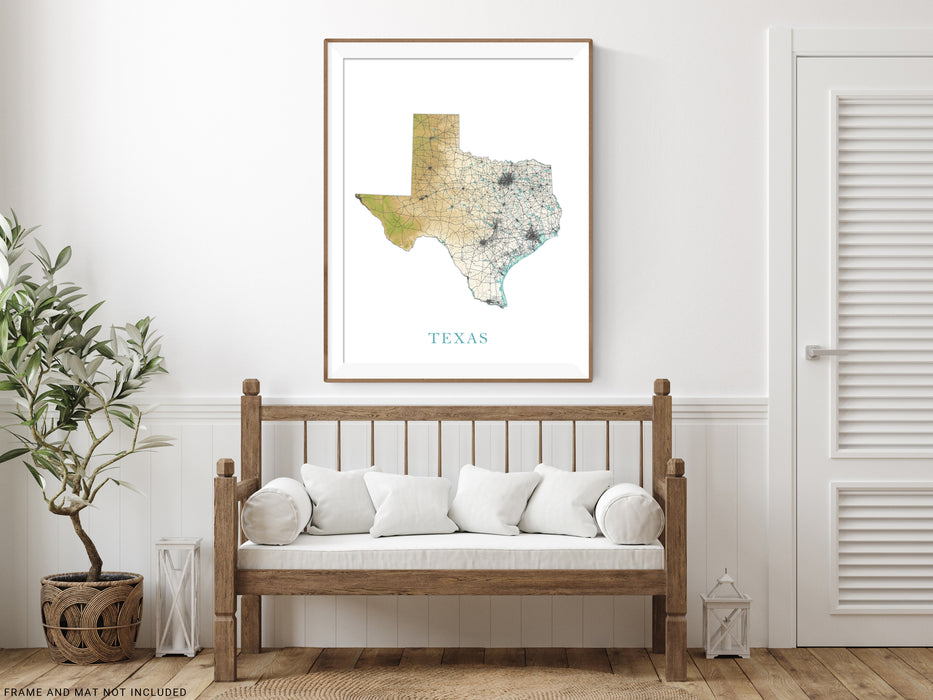 Texas State Wall Art Map Print Poster, Topographic Terrain Landscape TX Road Maps