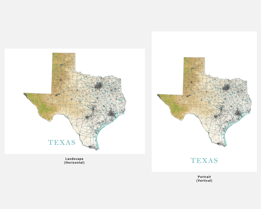 Texas State Wall Art Map Print Poster, Topographic Terrain Landscape TX Road Maps