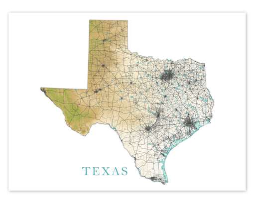 Texas State Wall Art Map Print Poster, Topographic Terrain Landscape TX Road Maps