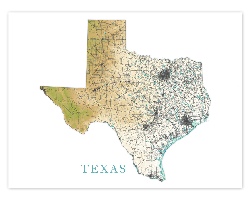 Texas State Wall Art Map Print Poster, Topographic Terrain Landscape TX Road Maps