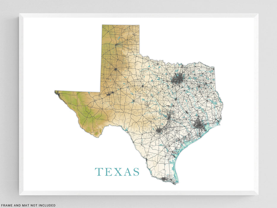 Texas State Wall Art Map Print Poster, Topographic Terrain Landscape TX Road Maps