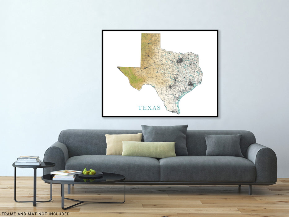 Texas State Wall Art Map Print Poster, Topographic Terrain Landscape TX Road Maps