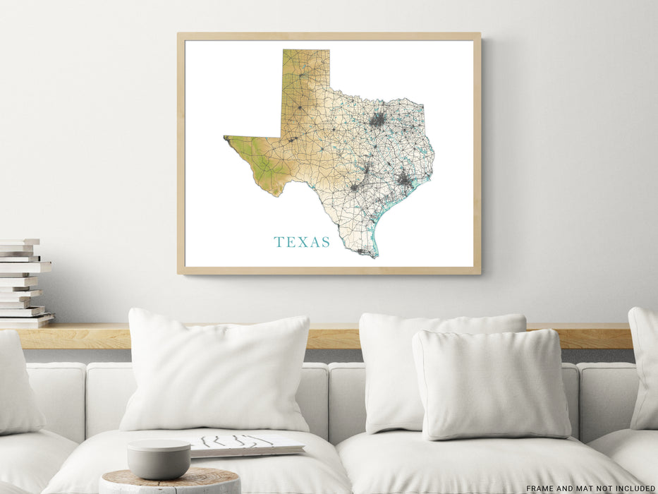 Texas State Wall Art Map Print Poster, Topographic Terrain Landscape TX Road Maps