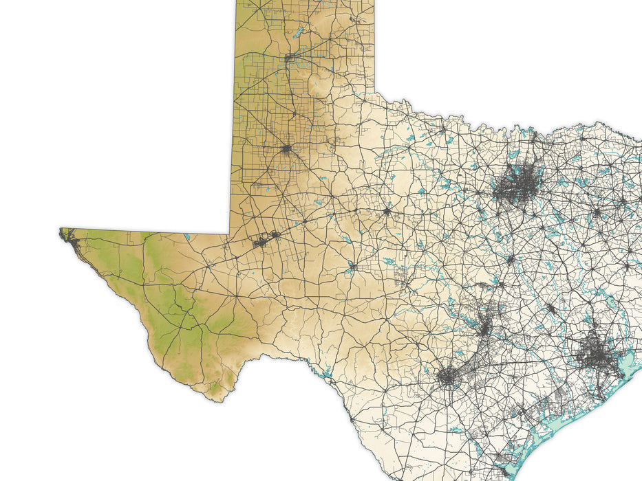 Texas State Wall Art Map Print Poster, Topographic Terrain Landscape TX Road Maps