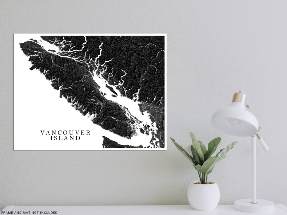 Vancouver Island regional map with a black and white topographic design by Maps As Art.