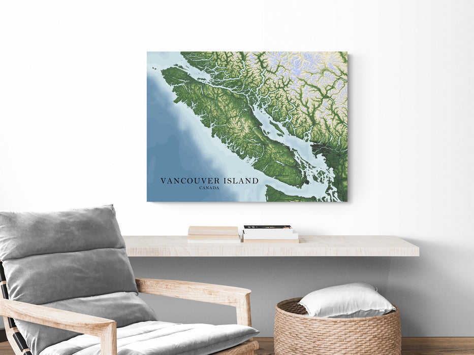 Vancouver Island BC Canada Regional Topographic Map Wall Art Print Poster, Victoria Nanaimo Gulf Islands