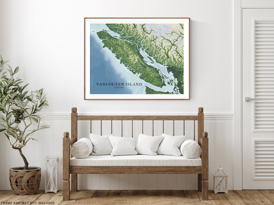 Vancouver Island BC Canada Regional Topographic Map Wall Art Print Poster, Victoria Nanaimo Gulf Islands