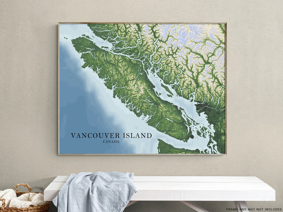 Vancouver Island BC Canada Regional Topographic Map Wall Art Print Poster, Victoria Nanaimo Gulf Islands