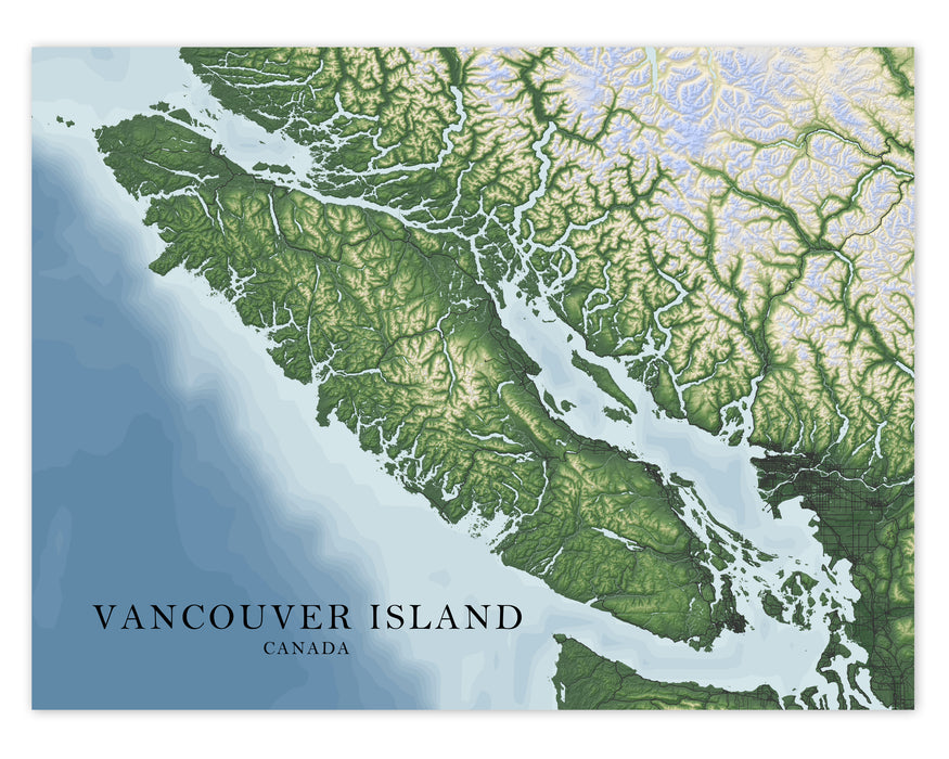 Vancouver Island BC Canada Regional Topographic Map Wall Art Print Poster, Victoria Nanaimo Gulf Islands