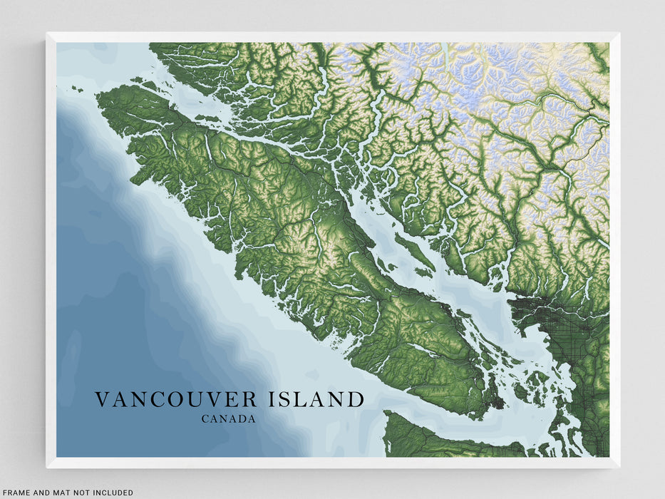 Vancouver Island BC Canada Regional Topographic Map Wall Art Print Poster, Victoria Nanaimo Gulf Islands