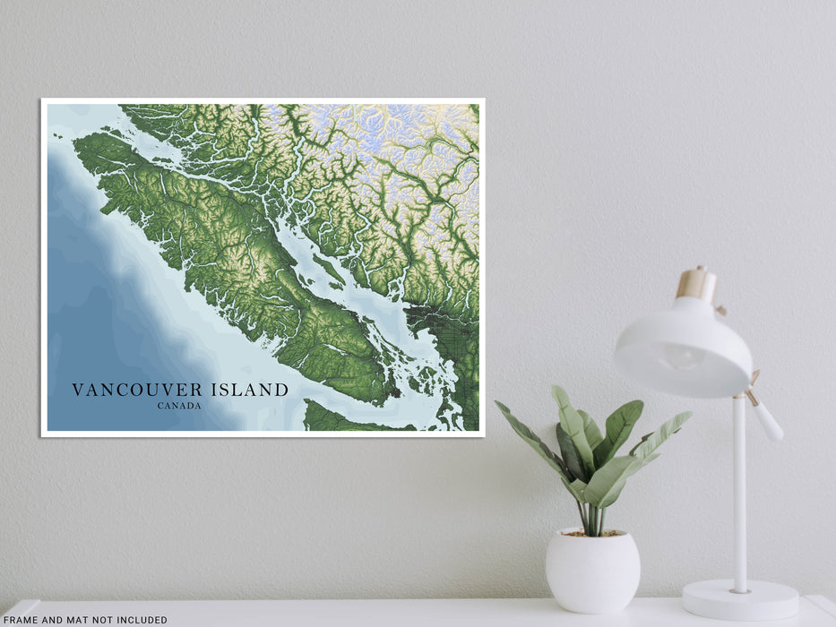 Vancouver Island BC Canada Regional Topographic Map Wall Art Print Poster, Victoria Nanaimo Gulf Islands