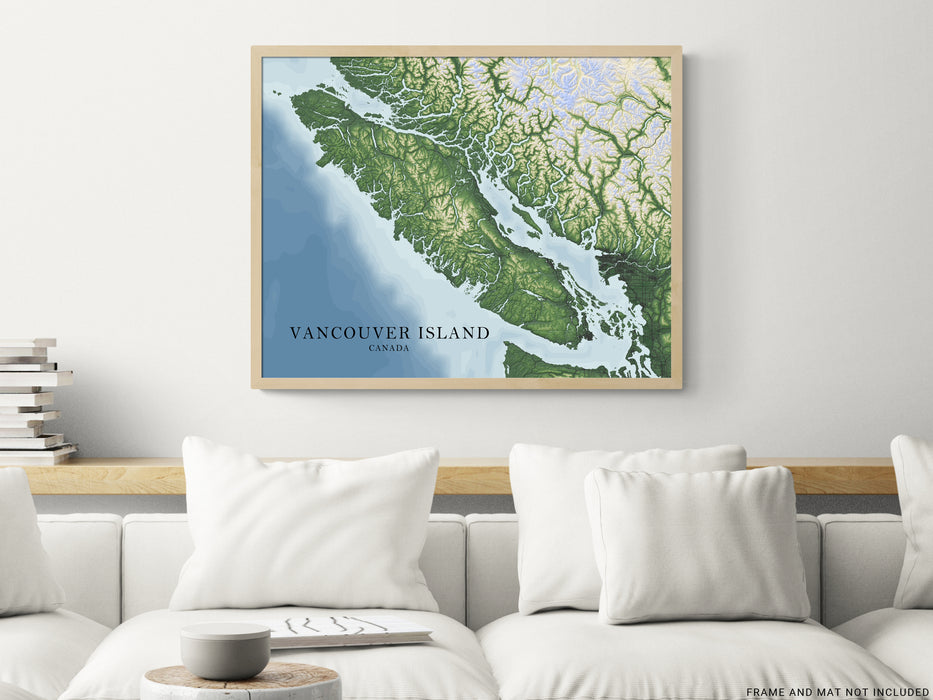 Vancouver Island BC Canada Regional Topographic Map Wall Art Print Poster, Victoria Nanaimo Gulf Islands