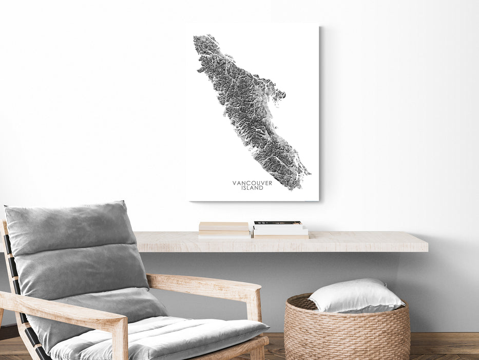 Vancouver Island Map Print Poster, Geometric Black and White Handmade Wall Art, BC Canada