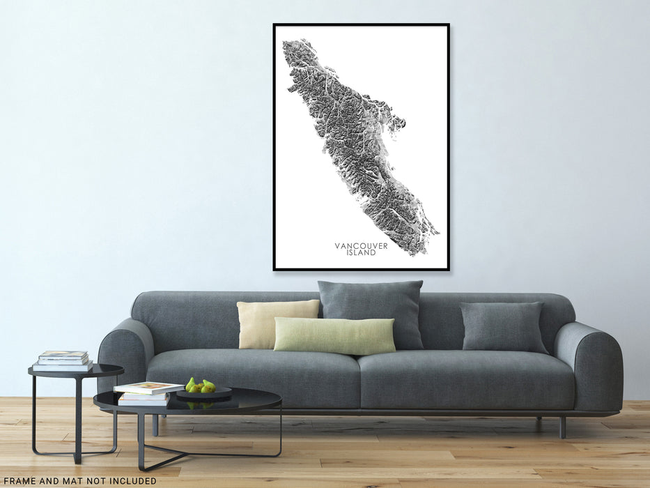 Vancouver Island Map Print Poster, Geometric Black and White Handmade Wall Art, BC Canada