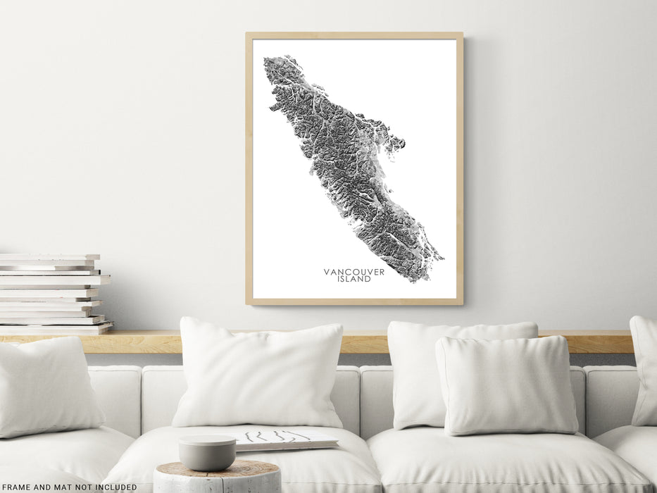 Vancouver Island Map Print Poster, Geometric Black and White Handmade Wall Art, BC Canada