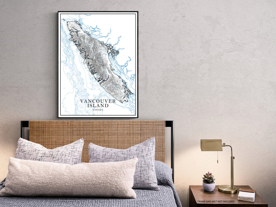 Vancouver Island, British Columbia Canada map art print with a line-art design, detailed topographic features (contours) and water-bodies.