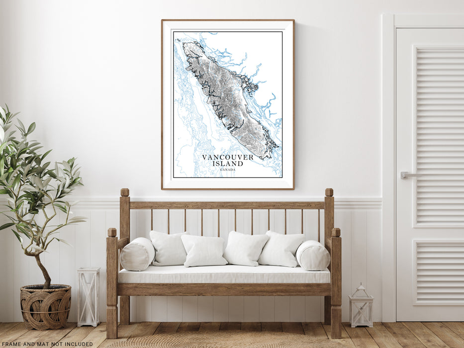 Vancouver Island, British Columbia Canada map art print with a line-art design, detailed topographic features (contours) and water-bodies.