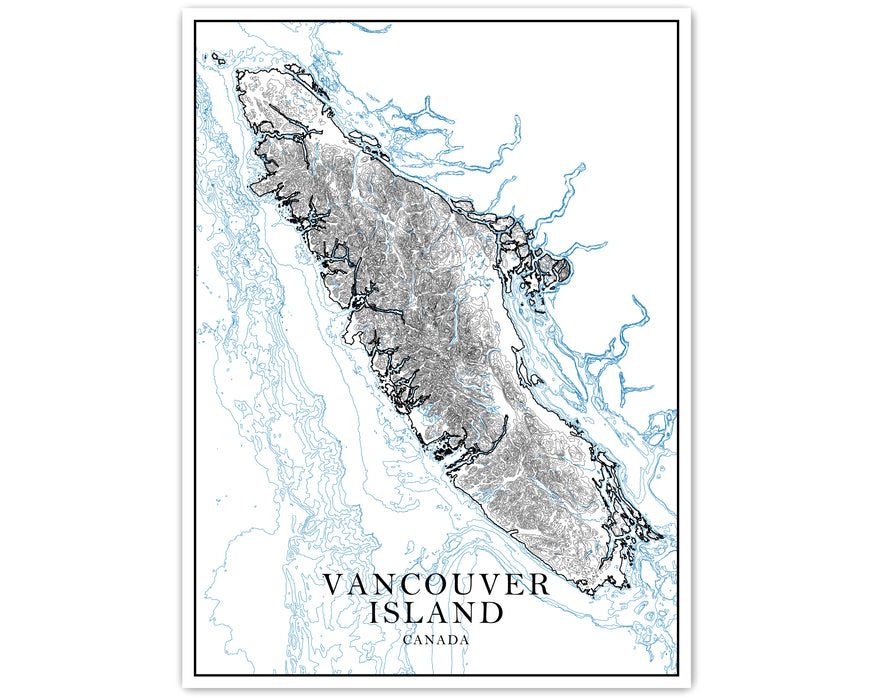 Vancouver Island, British Columbia Canada map art print with a line-art design, detailed topographic features (contours) and water-bodies.