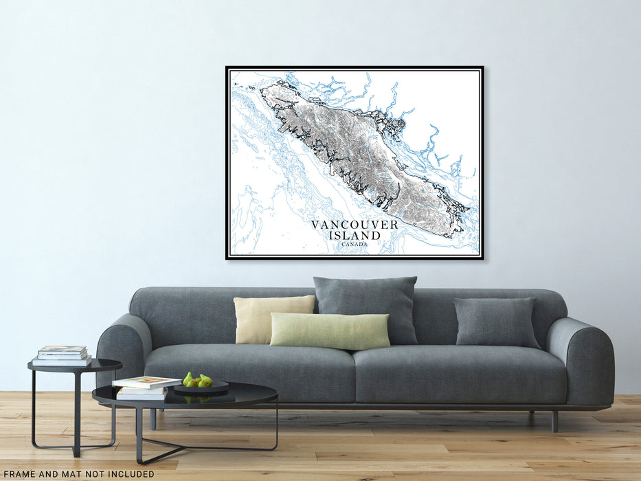 Vancouver Island, British Columbia Canada map art print with a line-art design, detailed topographic features (contours) and water-bodies.