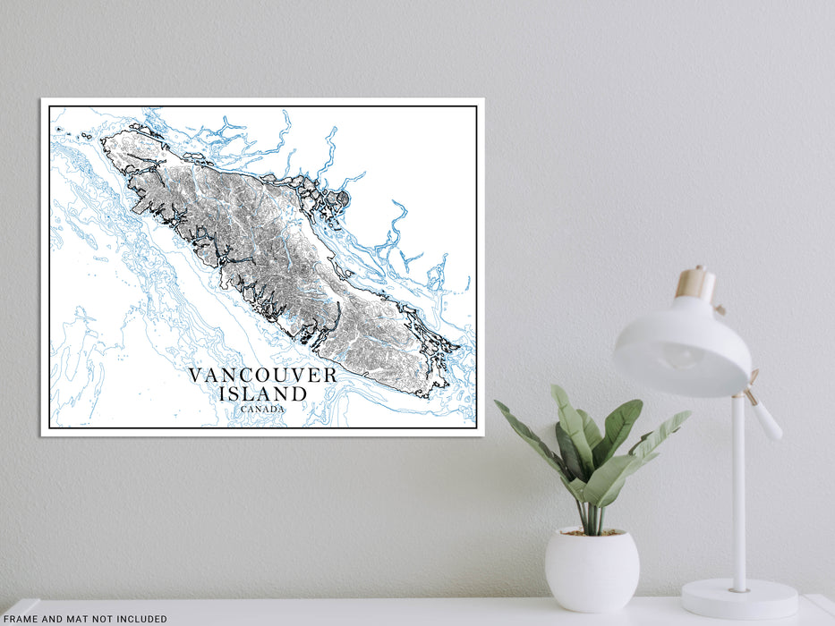 Vancouver Island, British Columbia Canada map art print with a line-art design, detailed topographic features (contours) and water-bodies.