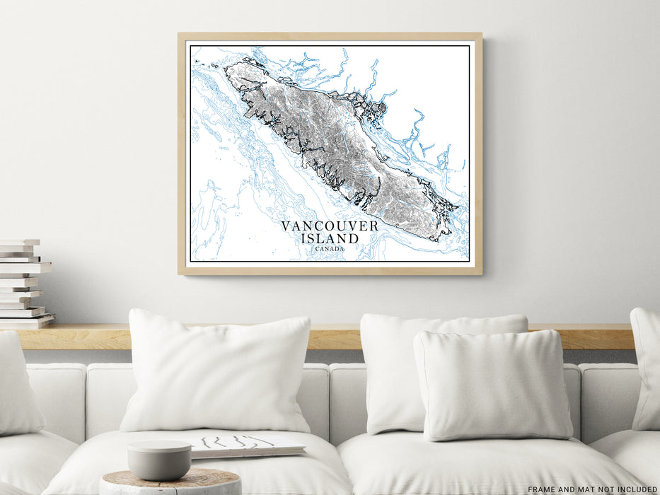 Vancouver Island, British Columbia Canada map art print with a line-art design, detailed topographic features (contours) and water-bodies.