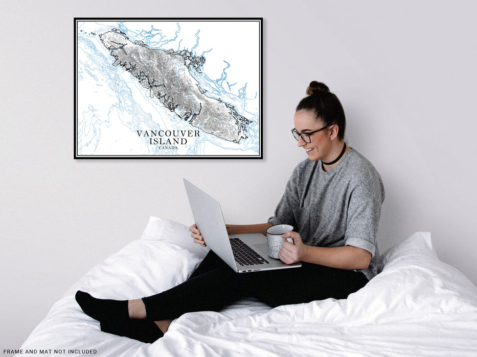 Vancouver Island, British Columbia Canada map art print with a line-art design, detailed topographic features (contours) and water-bodies.