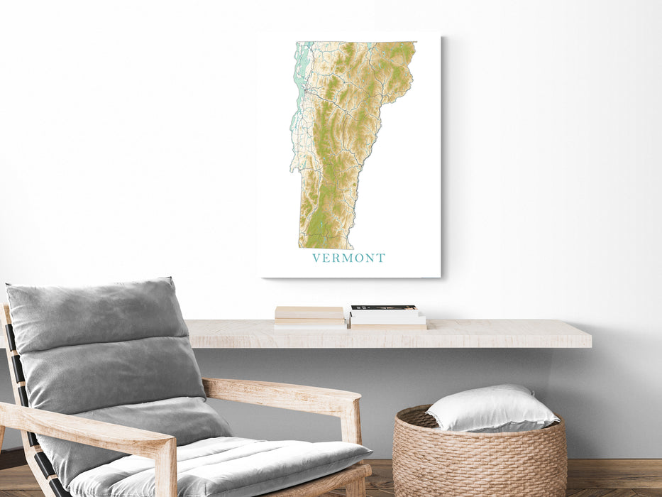 Vermont State Wall Art Map Print Poster, Topographic Landscape Art VT Road Maps for Home Decor