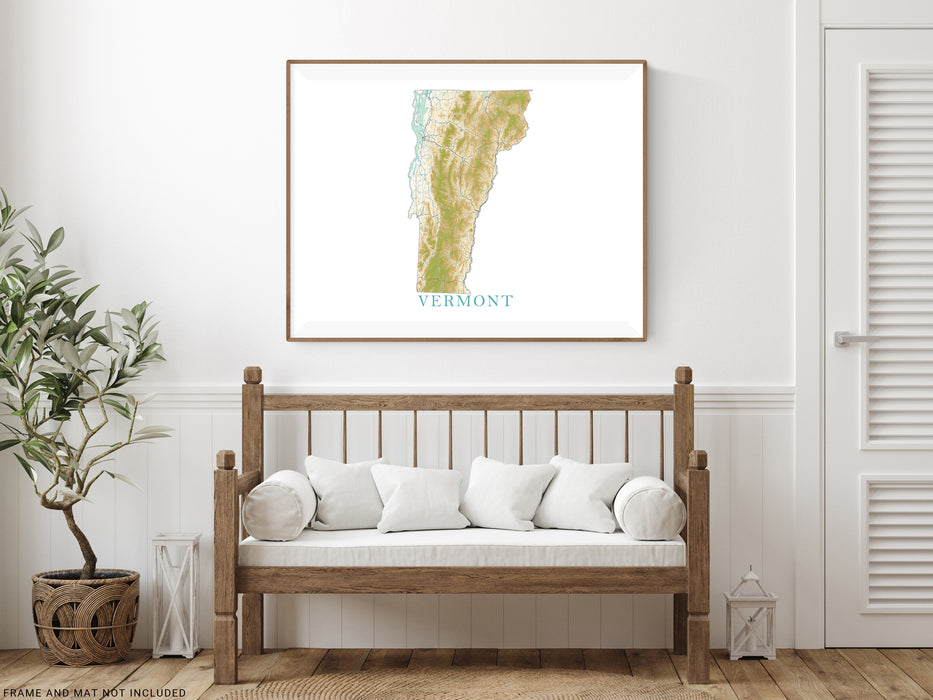 Vermont State Wall Art Map Print Poster, Topographic Landscape Art VT Road Maps for Home Decor