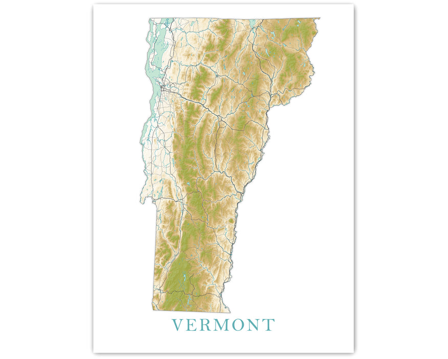 Vermont State Wall Art Map Print Poster, Topographic Landscape Art VT Road Maps for Home Decor