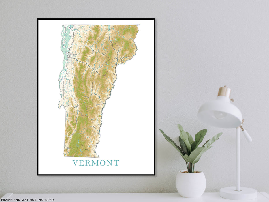 Vermont State Wall Art Map Print Poster, Topographic Landscape Art VT Road Maps for Home Decor